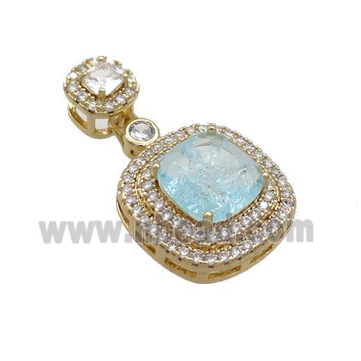 Copper Square Pendant Pave Aqua Crystal Glass Gold Plated