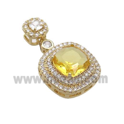 Copper Square Pendant Pave Yellow Crystal Glass Gold Plated