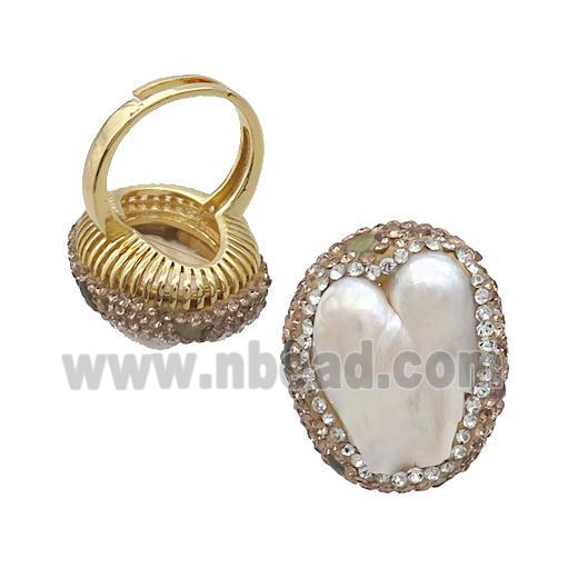 Pearl Ring Pave Rhinestone Adjustable Gold Plated