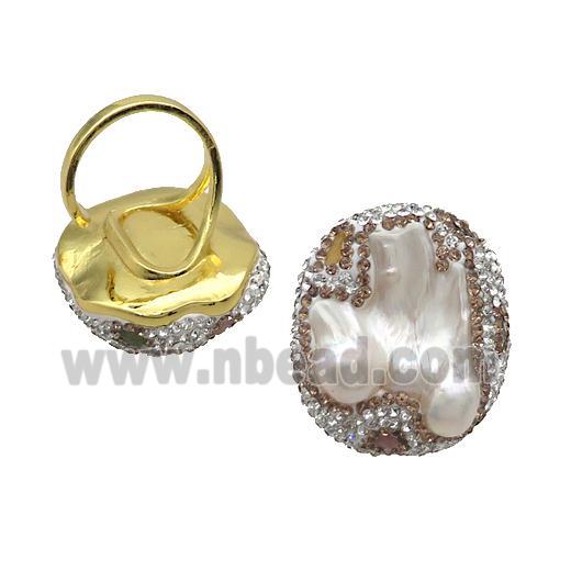Pearl Ring Pave Rhinestone Gold Plated