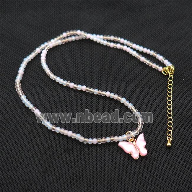 White Crystal Glass Necklace With Resin Butterfly