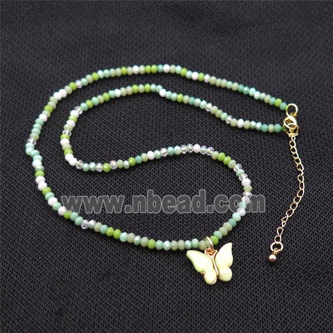 Green Crystal Glass Necklace With Resin Butterfly