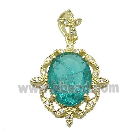 Copper Pendant Pave Green Crystal Glass Oval Gold Plated