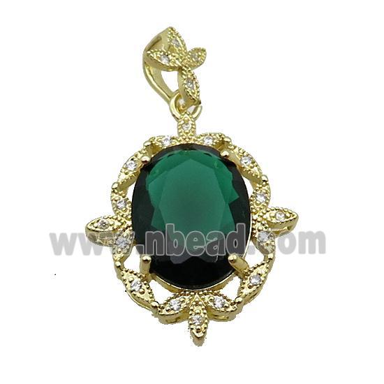 Copper Pendant Pave Darkgreen Crystal Glass Oval Gold Plated
