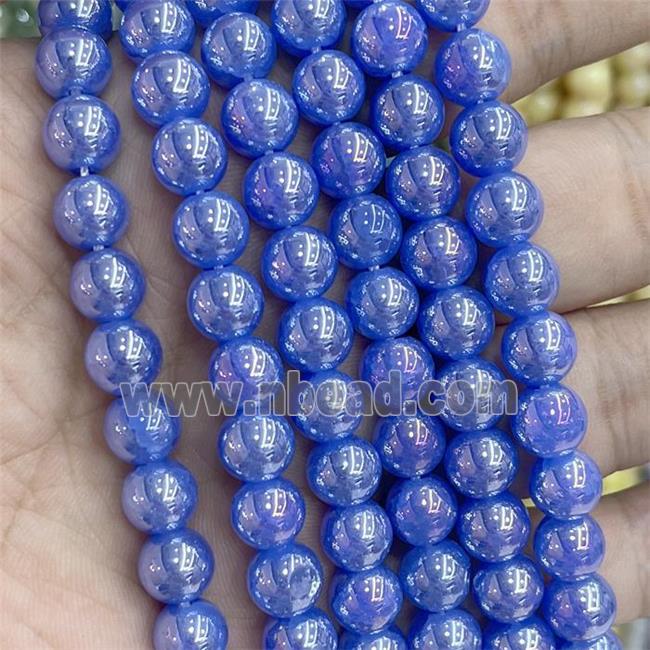 Blue Jadeite Glass Beads Smooth Round Electroplated