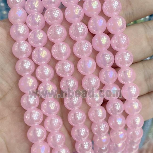 Pink Jadeite Glass Beads Smooth Round Electroplated