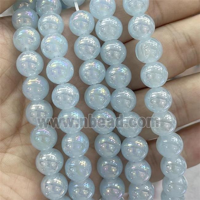 Grayblue Jadeite Glass Beads Smooth Round Electroplated