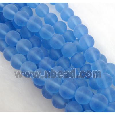 sea glass beads, round, matte, blue