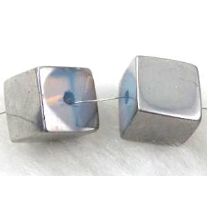 Crystal Glass Bead, cube, antique silver plated