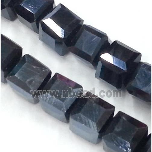 Chinese crystal glass bead, faceted cube, hematite