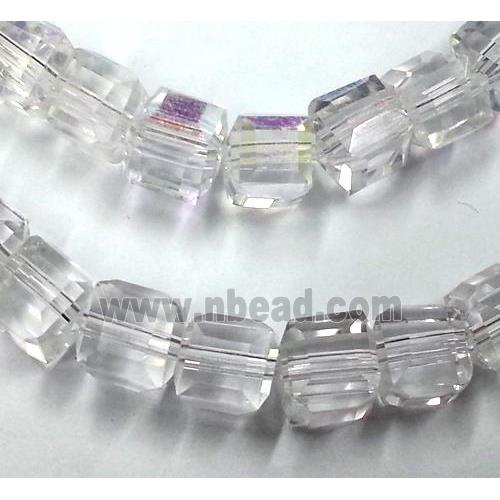 Chinese crystal glass bead, faceted cube, white AB color