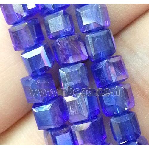 Chinese crystal glass bead, faceted cube, blue AB color