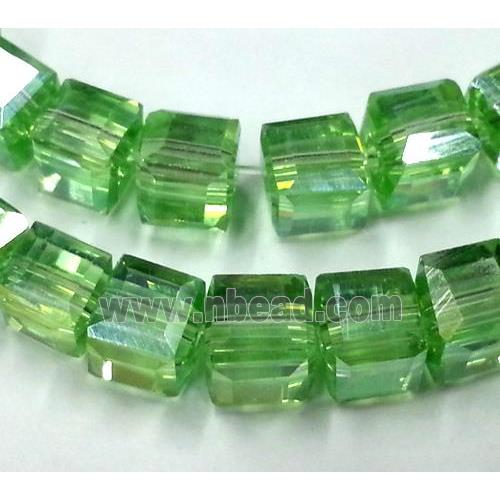 Chinese crystal glass bead, faceted cube, green