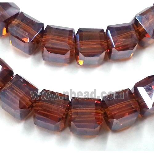 Chinese crystal glass bead, faceted cube, deep coffee
