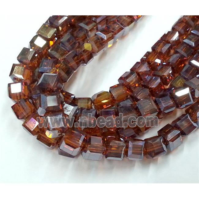 Chinese crystal glass bead, faceted cube, deep coffee