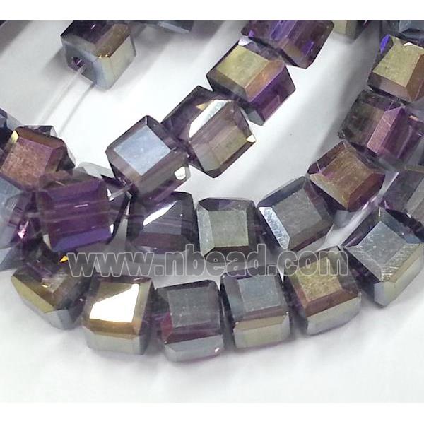 Chinese crystal glass bead, faceted cube, purple AB color