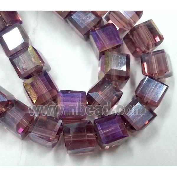 Chinese crystal glass bead, faceted cube, purple AB color