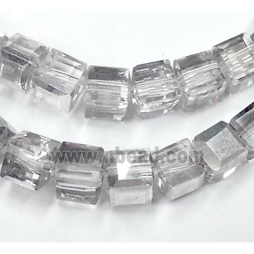 Chinese crystal glass bead, faceted cube, half silver plated