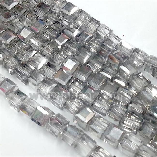 Chinese crystal glass bead, faceted cube, half silver plated