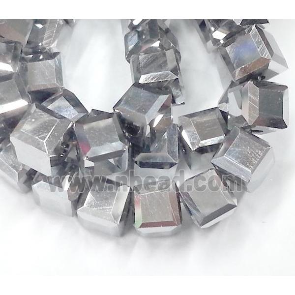 Chinese crystal glass bead, faceted cube, silver plated