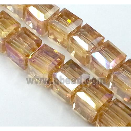 Chinese crystal glass bead, faceted cube, gold champagne