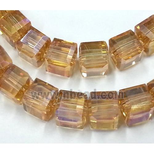 Chinese crystal glass bead, faceted cube, gold champagne