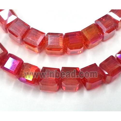 Chinese crystal glass bead, faceted cube, red AB color