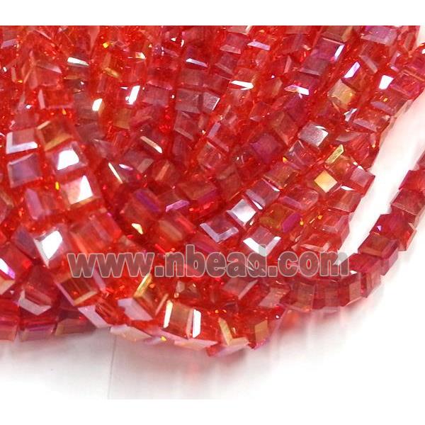 Chinese crystal glass bead, faceted cube, red AB color