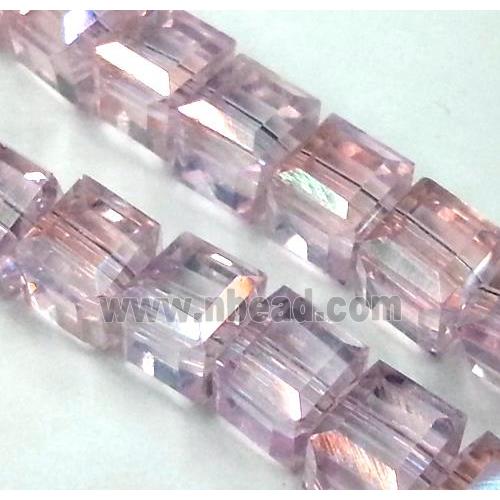 Chinese crystal glass bead, faceted cube, pink AB color