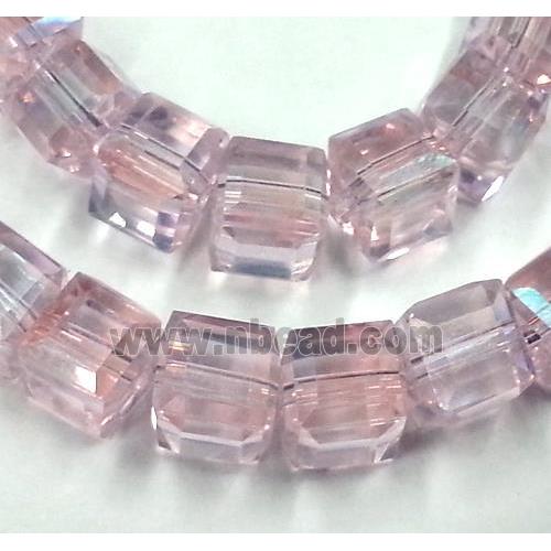 Chinese crystal glass bead, faceted cube, pink AB color