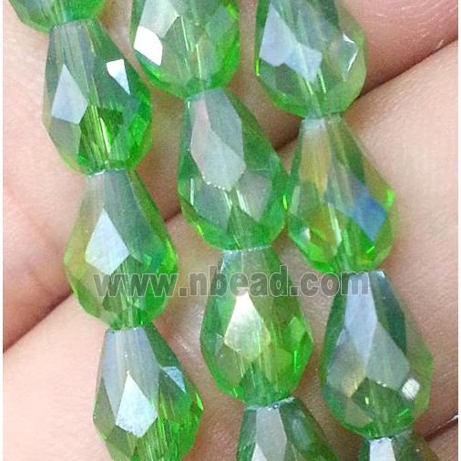 Chinese crystal glass bead, faceted teardrop, green AB color
