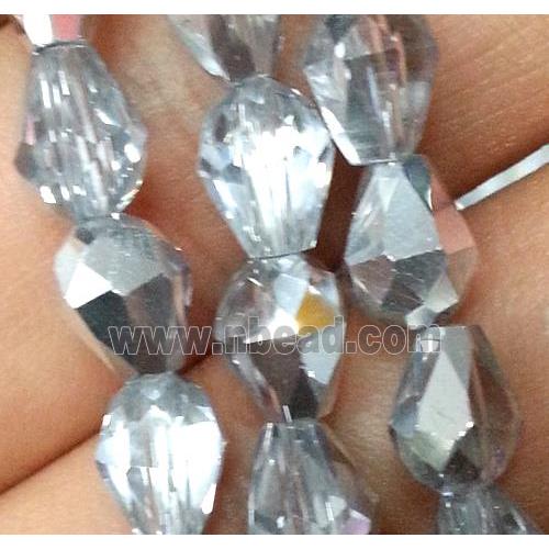 Chinese crystal glass bead, faceted teardrop, half silver plated