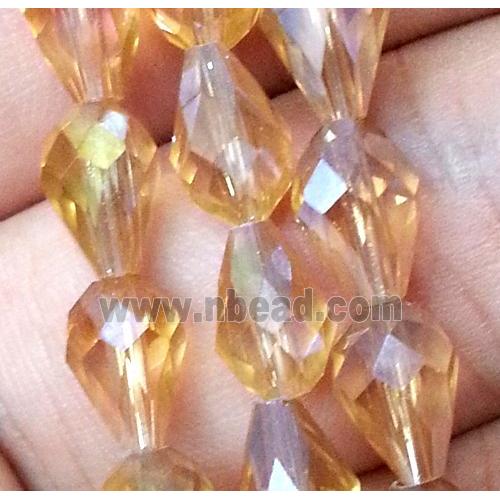 Chinese crystal glass bead, faceted teardrop, gold champagne AB color