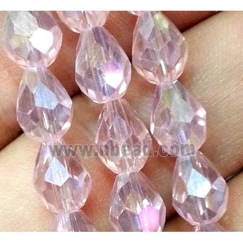 Chinese crystal glass bead, faceted teardrop, pink AB color