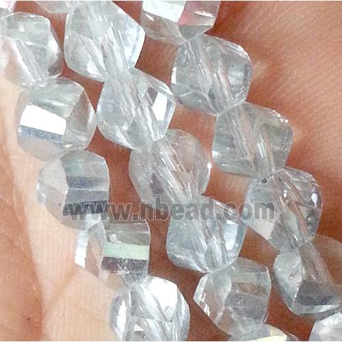 Chinese crystal glass bead, swiring cut, half silver plated