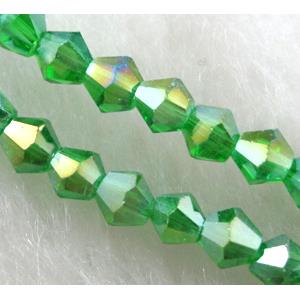 Chinese Crystal Beads, Faceted bicone, green AB color
