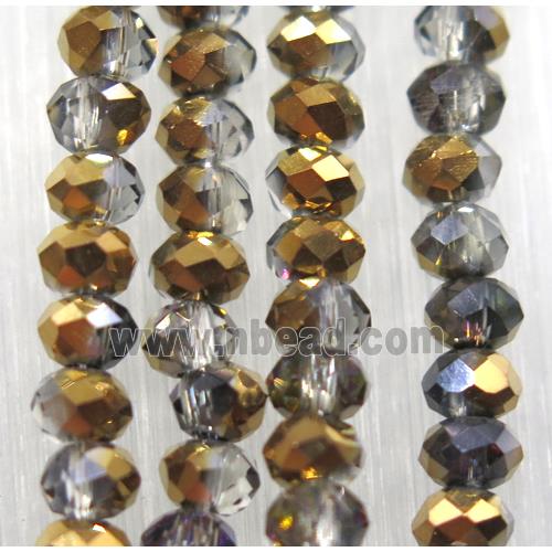 chinese crystal glass bead, faceted rondelle, half gold electroplated