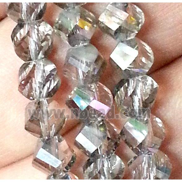 Chinese crystal glass bead, swiring cut, grey and half silver plated