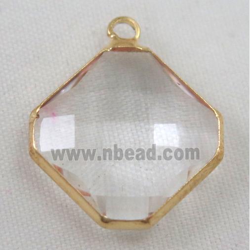 clear Chinese crystal glass pendant, faceted square, gold plated