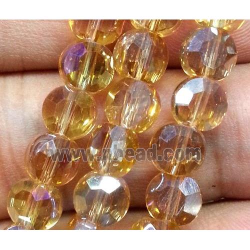 Chinese crystal glass bead, faceted flat round, deep yellow AB color