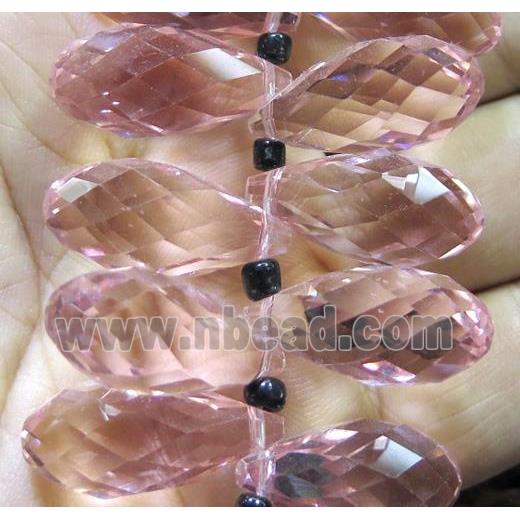 pink Chinese crystal glass bead, faceted teardrop