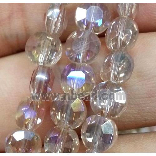 Chinese crystal glass bead, faceted flat round, silver champagne AB color