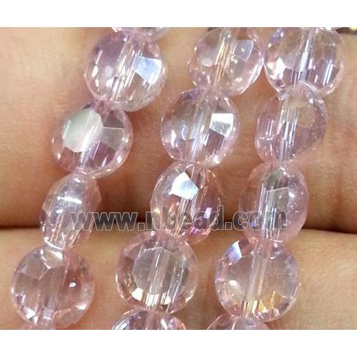 Chinese crystal glass bead, faceted flat round, pink AB color