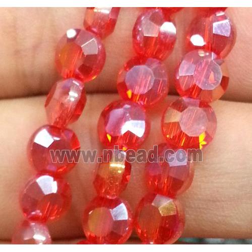 Chinese crystal glass bead, faceted flat round, red AB color
