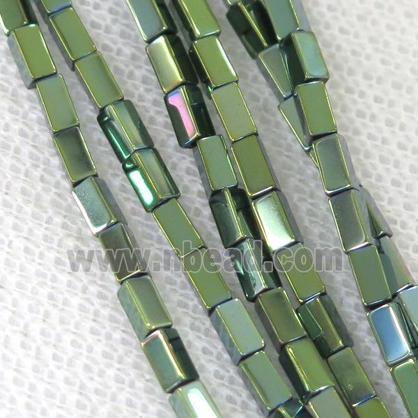 Hematite cuboid beads, green electroplated