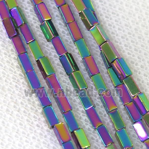 Hematite cuboid beads, rainbow electroplated