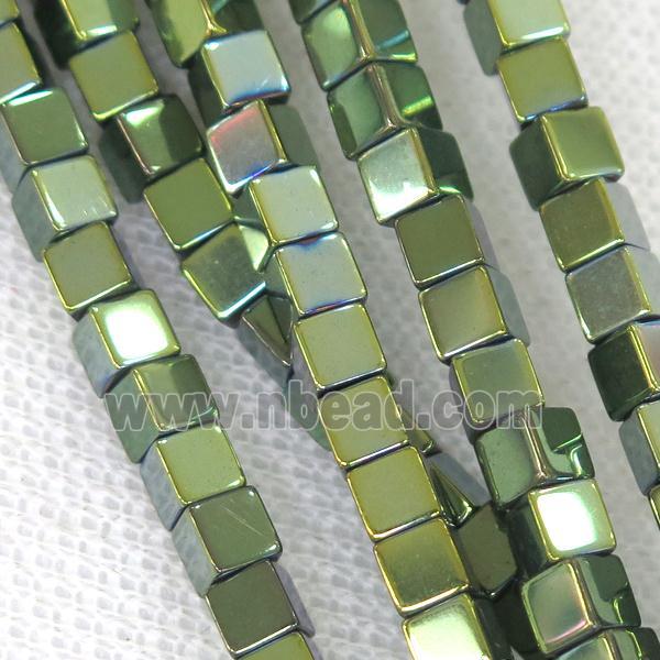 Hematite cube beads, green electroplated