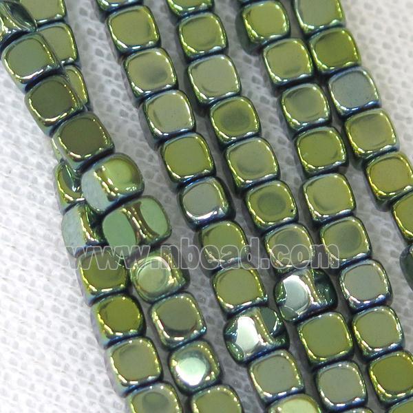 Hematite cube beads, green electroplated