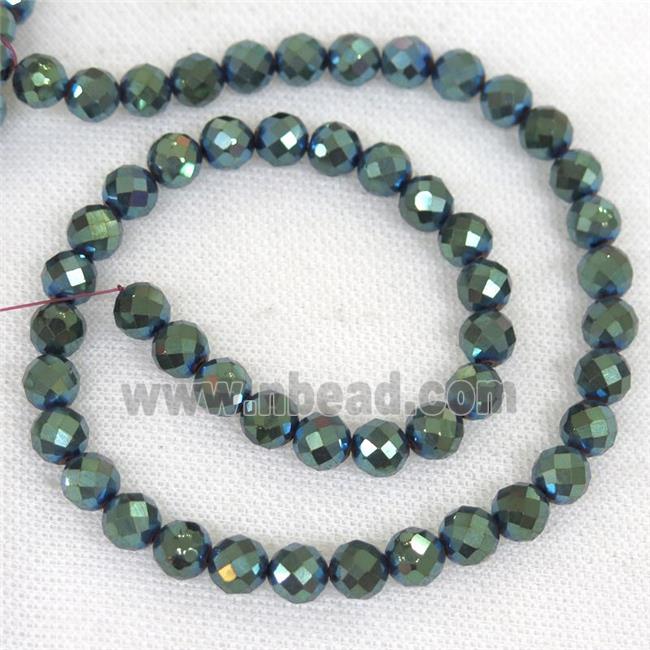 faceted round Hematite beads, green electroplated