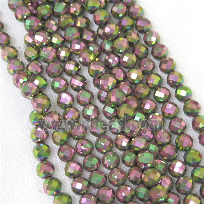 faceted round Hematite beads, redgreen electroplated